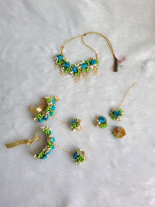 New set of flowers jewellery for haldi with adjustable earrings - Saubhagyavati.in