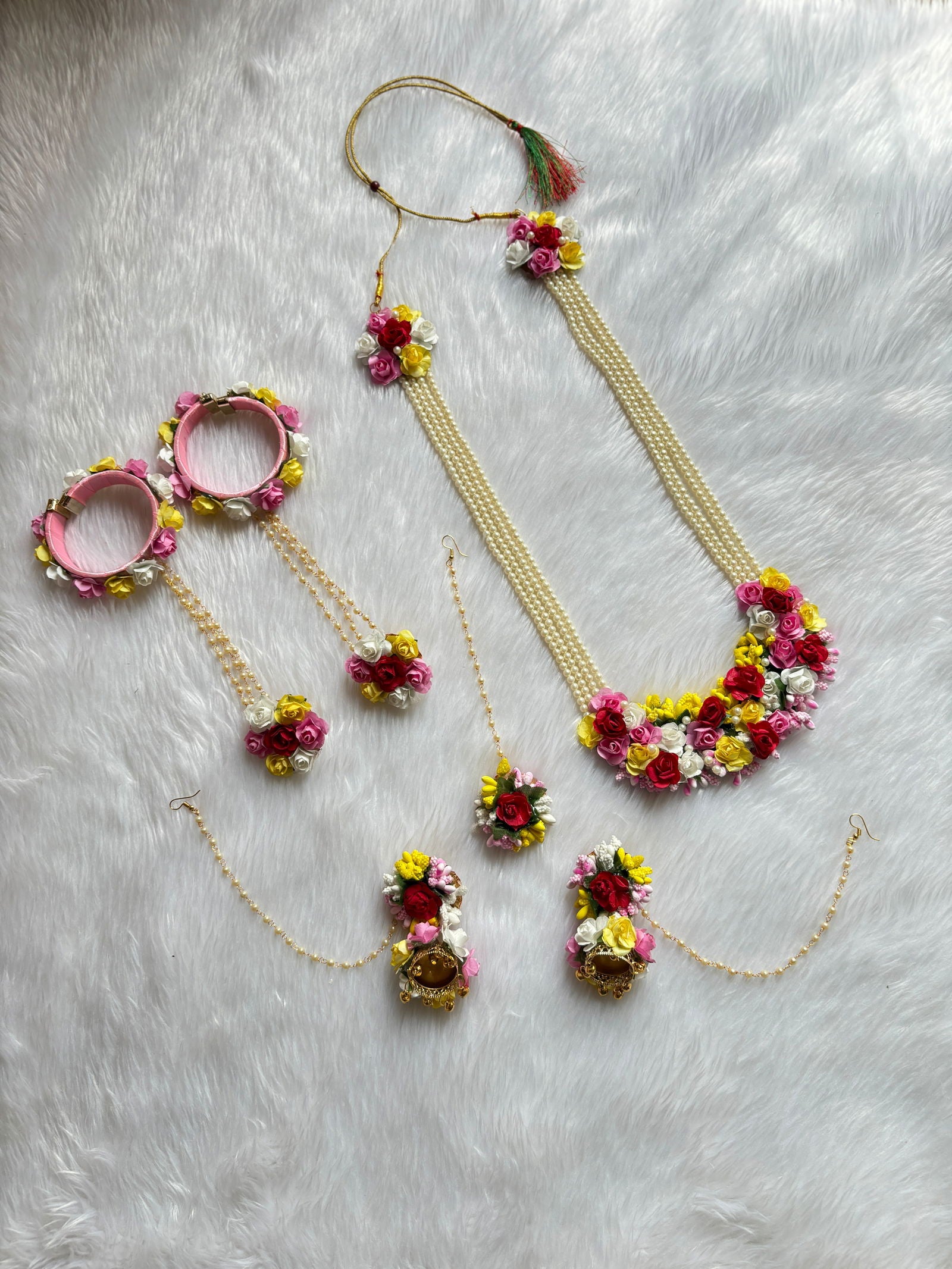 Gorgeous multicolored with traditional pearl set for haldi or baby shower - Saubhagyavati.in