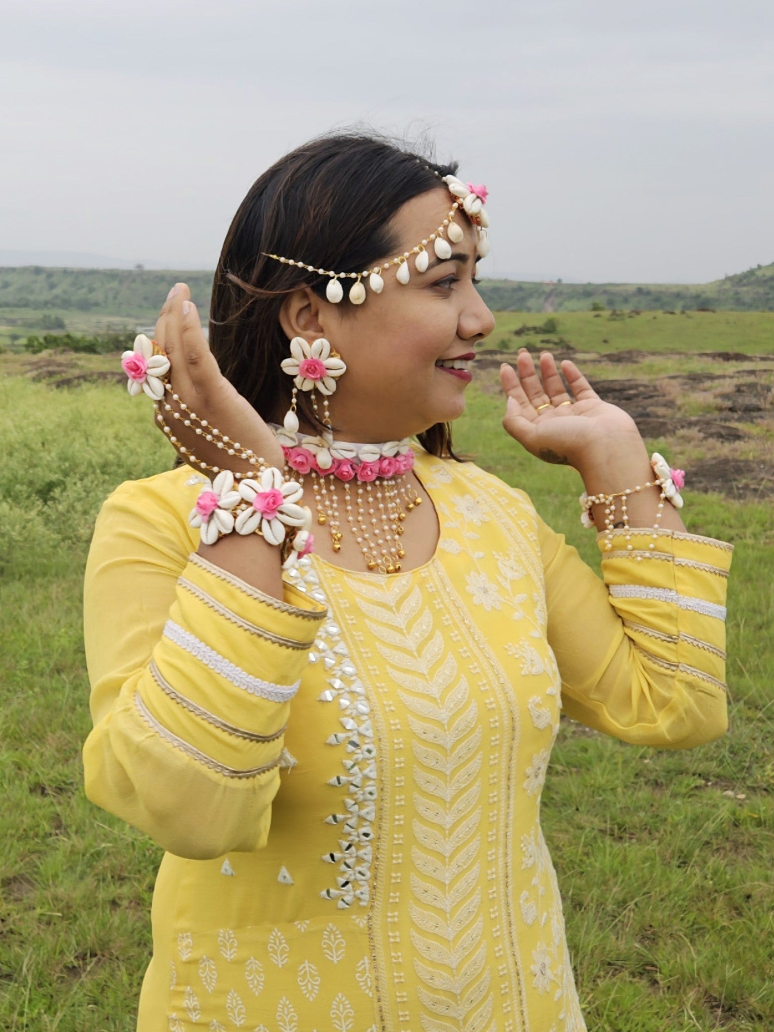 Haldi Blossom Shell Flower Jewellery Set - Saubhagyavati.in