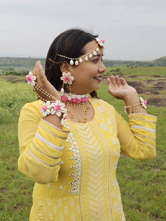 Haldi Blossom Shell Flower Jewellery Set - Saubhagyavati.in