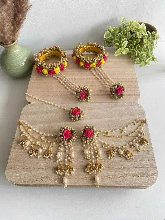 Haldi Mehndi Flower Jewellery Set with Bahubali Earrings floral jewellery for haldi - Saubhagyavati.in