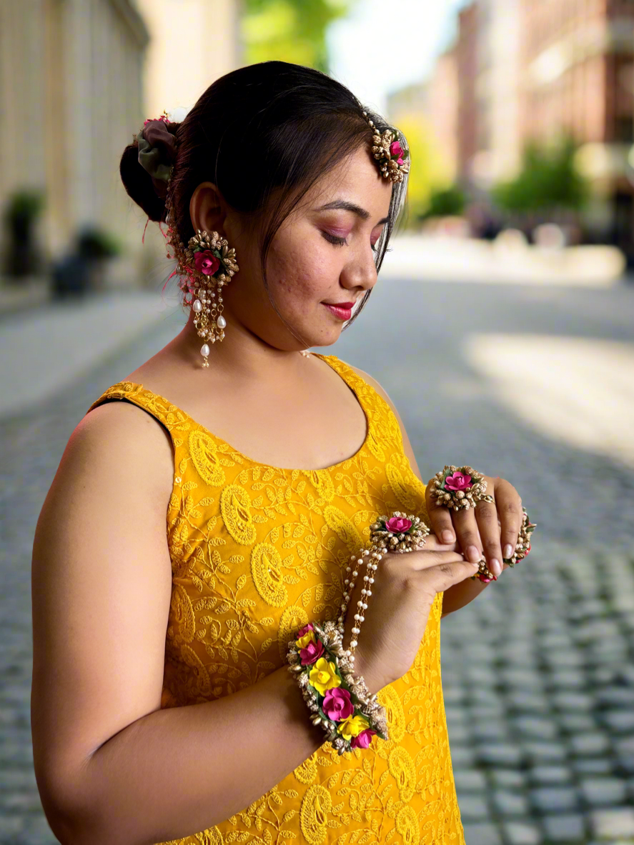 Haldi Mehndi Flower Jewellery Set with Bahubali Earrings floral jewellery for haldi - Saubhagyavati.in
