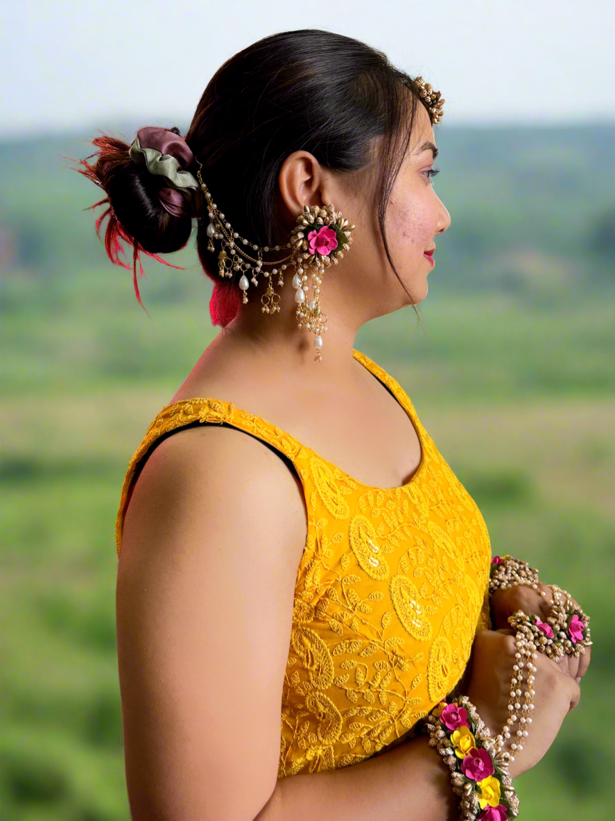 Haldi Mehndi Flower Jewellery Set with Bahubali Earrings floral jewellery for haldi - Saubhagyavati.in
