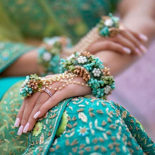 Haldi mehndi flower jewellery Hathphool in TEAL Color - Saubhagyavati.in