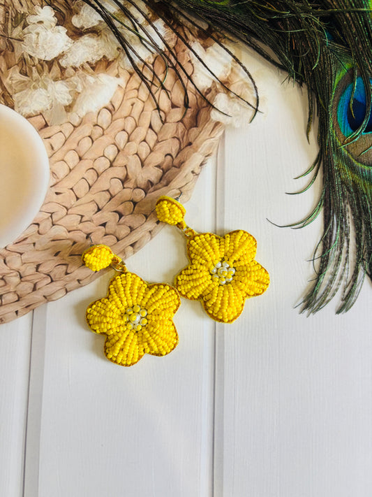 Yellow Flower Handmade Beaded Earrings | Haldi & Festive Wear