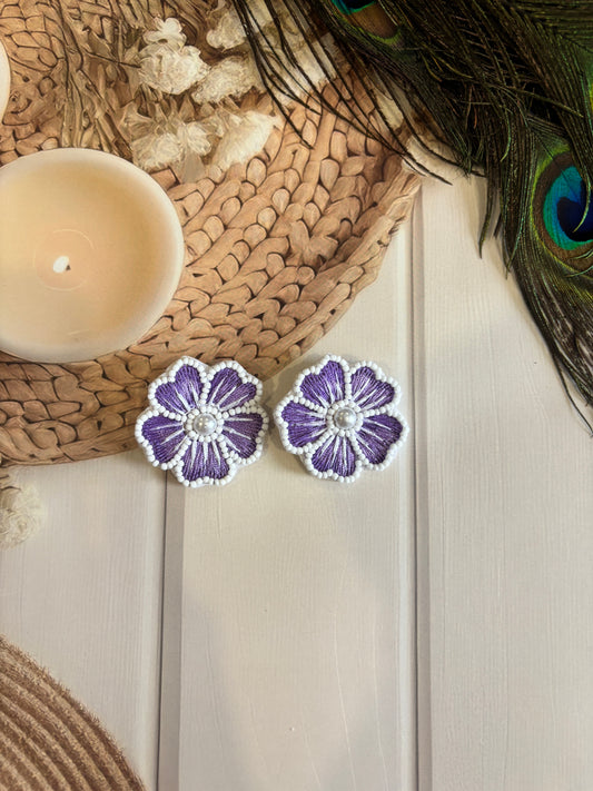 Purple Flower Embroidered Handmade Beaded Earrings | Ethnic Wear