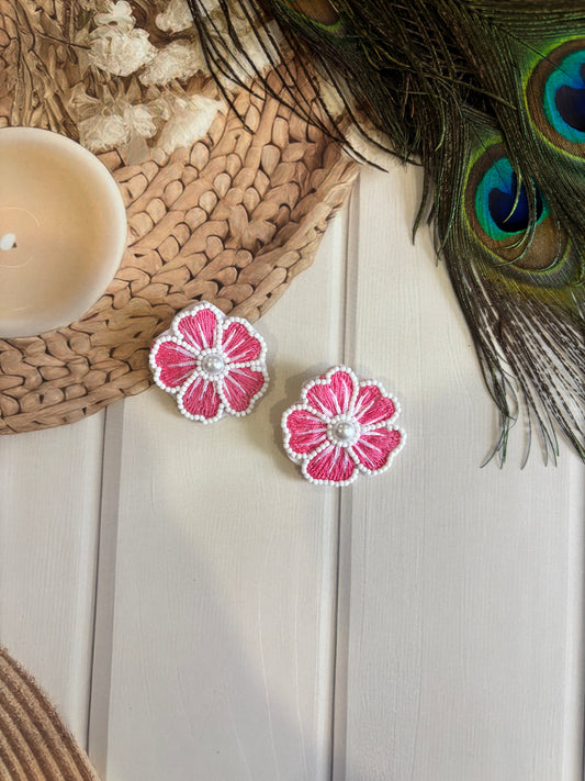 Pink Purple Flower Embroidered Handmade Beaded Earrings