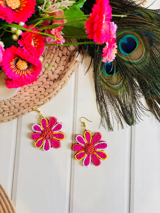 Pink Floral Handmade Beaded Earrings | Festive & Gifting Jewellery