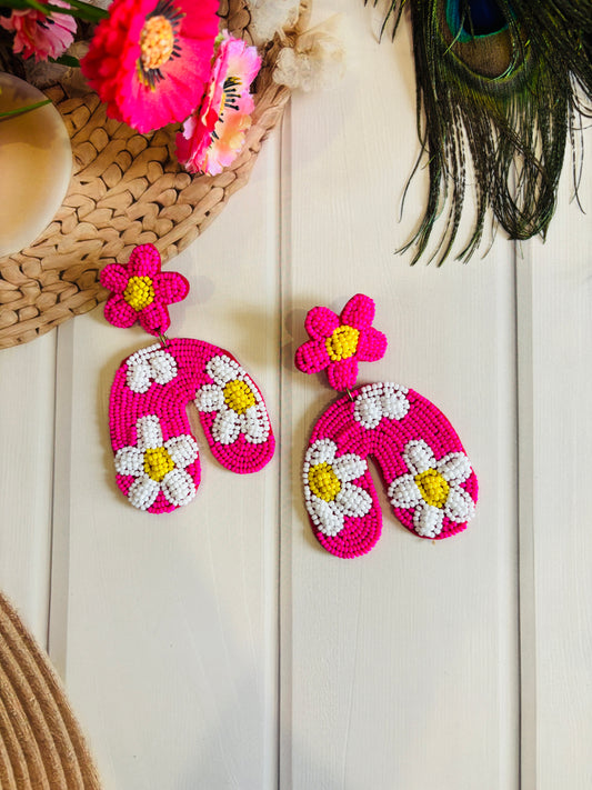 Pink Multicolor Beaded Daisy Earrings – Heart Stud Drop