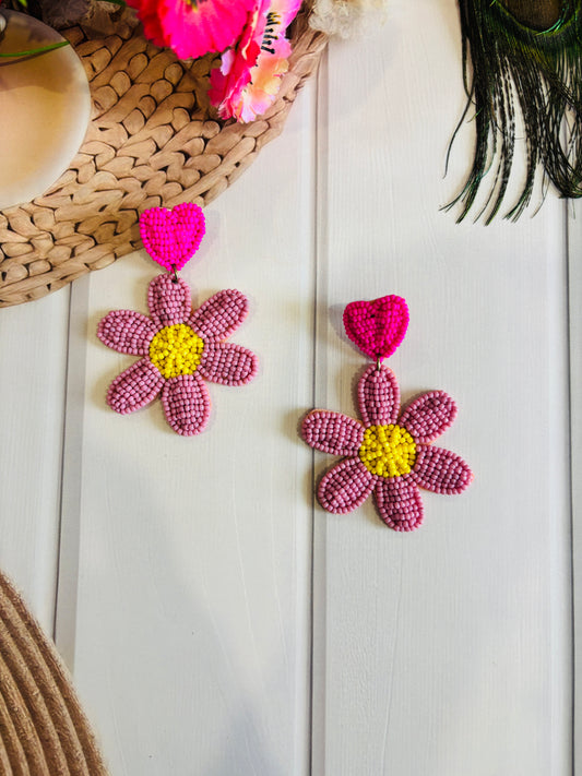 Pink & Yellow Beaded Flower Earrings – Heart Top Multicolor Drop