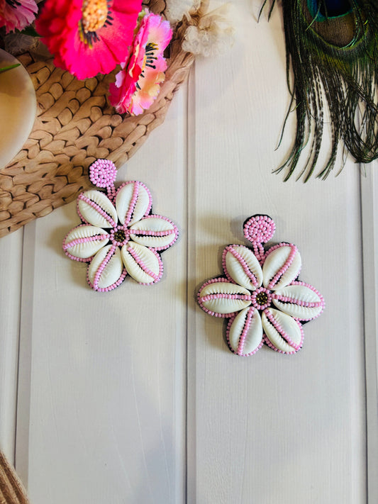 Pink Beaded Shell Flower Earrings