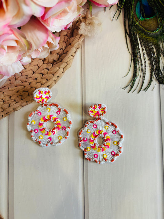 White Multicolor Floral Sequin Earrings – Fun, Festive & Flowy