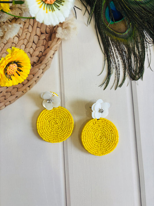 Yellow Beaded Circle Earrings with White Floral Stud