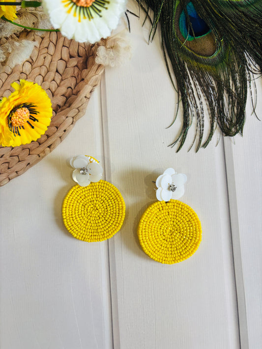Yellow Beaded Circle Earrings with White Floral Stud