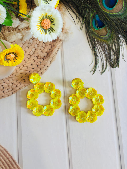 Yellow Beaded Floral Hoop Earrings