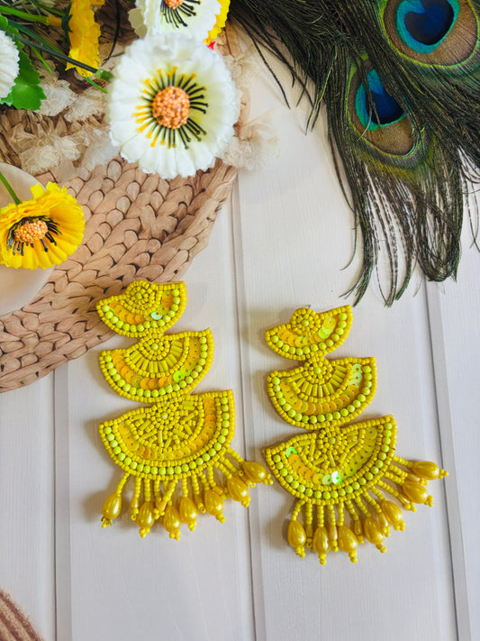 Bright Yellow Layered Beaded Earrings – Bold, Festive & Handmade