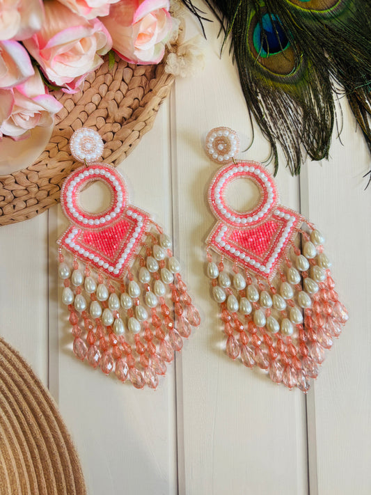 Multicolor Pearl & Bead Fringe Statement Earrings – Pink & Ivory