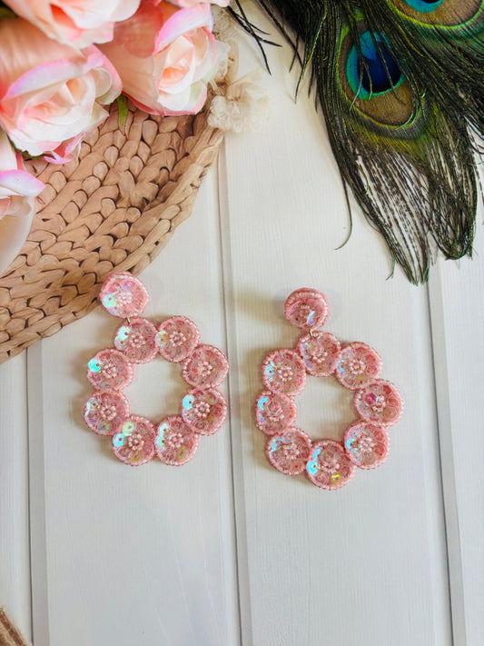 Baby Pink Sequin Floral Earrings – Soft, Sparkly & Stylish