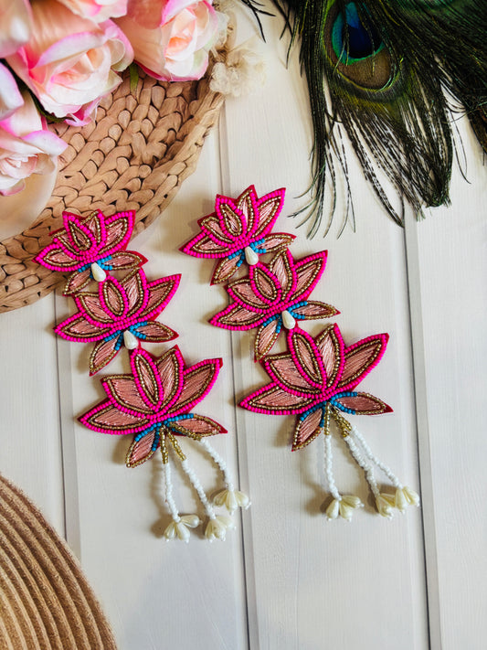 Pink Lotus Handmade Beaded Earrings | Ethnic Statement Earrings