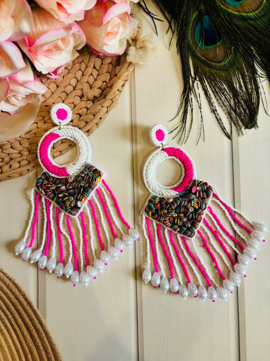 White & Hot Pink Dangle Beaded Earrings – Statement & Stylish