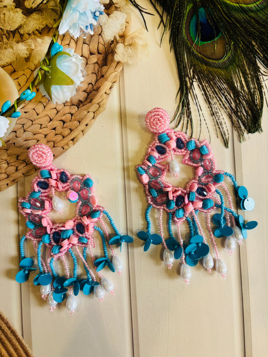 Pink & Turkish Blue Handmade Beaded Jhumka Earrings | Statement Jewellery