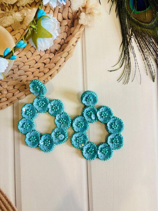 Turquoise Floral Beaded Hoop Earrings