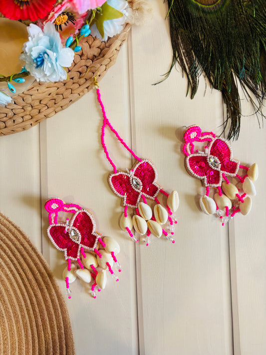 Hot Pink & White Beaded Earrings with Maang Tikka – Floral Festive Set