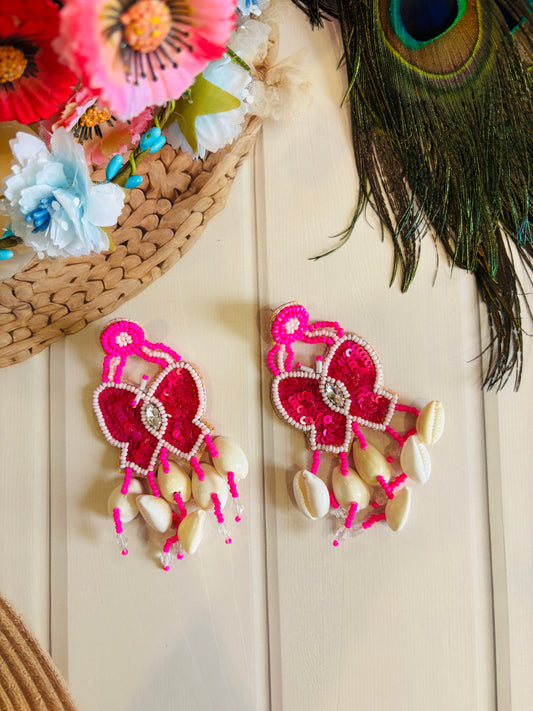 Boho Pink Beaded Butterfly Shell Drop Earrings