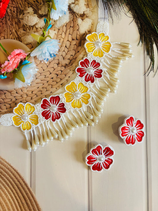 Red & Yellow Beaded Floral Jewelry Set – Necklace & Earrings