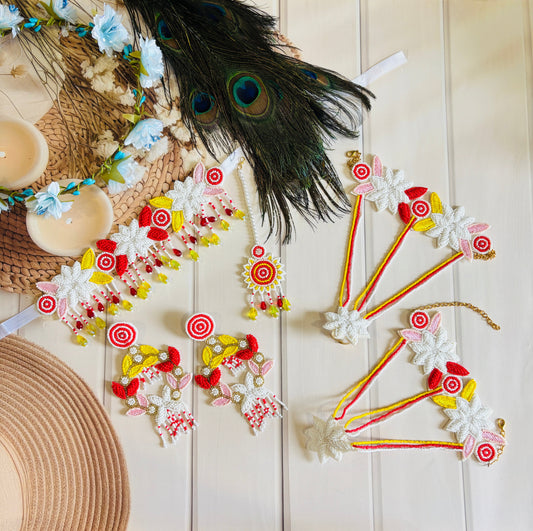 Multicolor Beaded Floral Jewelry Set – Necklace, Earrings, Maang Tikka & Hathphool