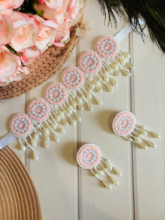 Pastel Pink Floral Haldi Jewellery Set with Pearl Danglers – Choker & Earrings