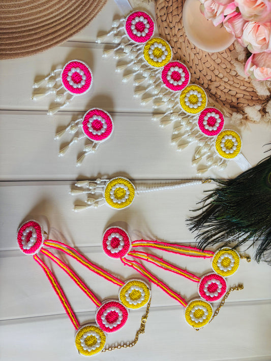 Pink & Yellow Beaded Haldi Jewellery Combo – Choker, Earrings, Maang Teeka & Haathphool