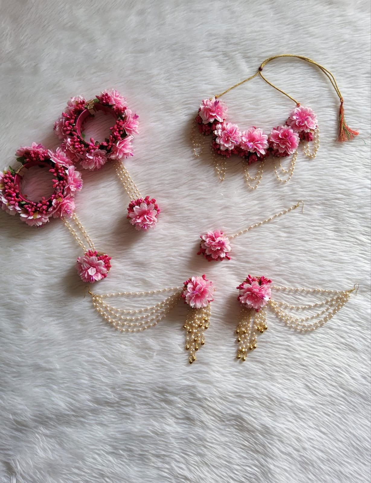 Mazentha pink with baby pink stunning flowers jewellery for haldi - Saubhagyavati.in