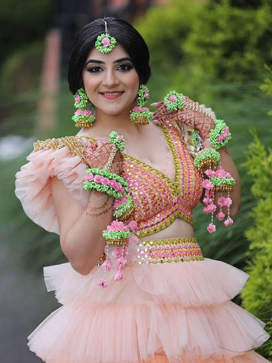 Mint Green Color Flower jewellery Set with Kalire for Haldi and Mehndi - Saubhagyavati.in