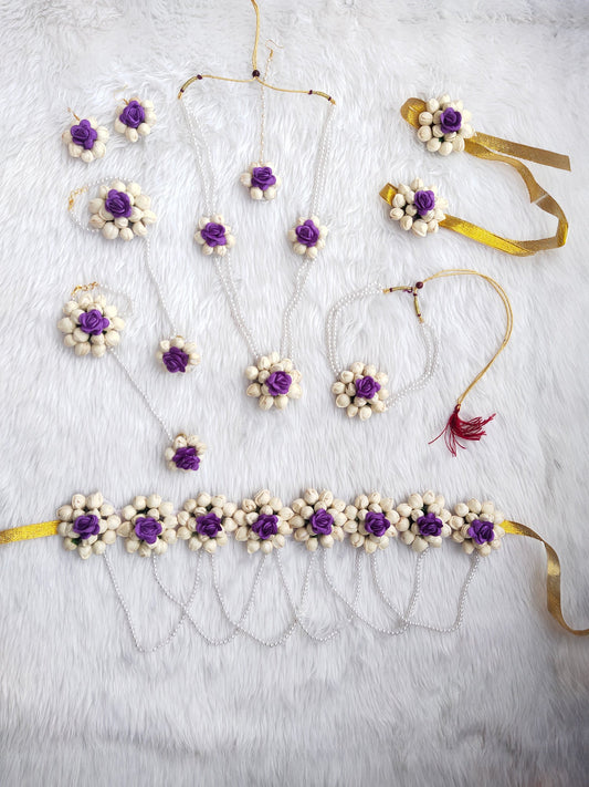 Mogra kali flower jewelry set for baby shower in purple - Saubhagyavati.in