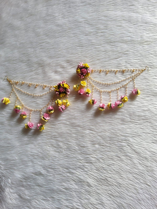 Multicoloured beautiful bahubali earrings with flowers hanging - Saubhagyavati.in