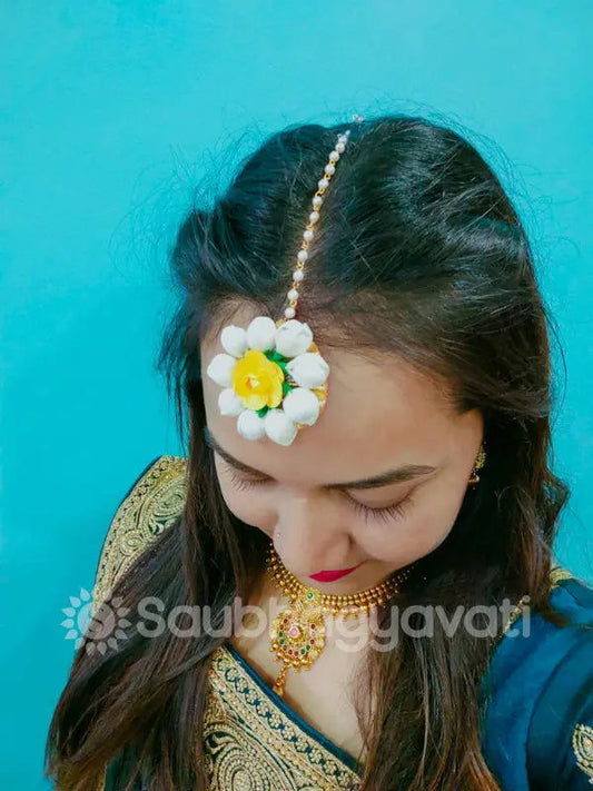 New Yellow Flower Maang Tikka Design for Haldi - Saubhagyavati.in