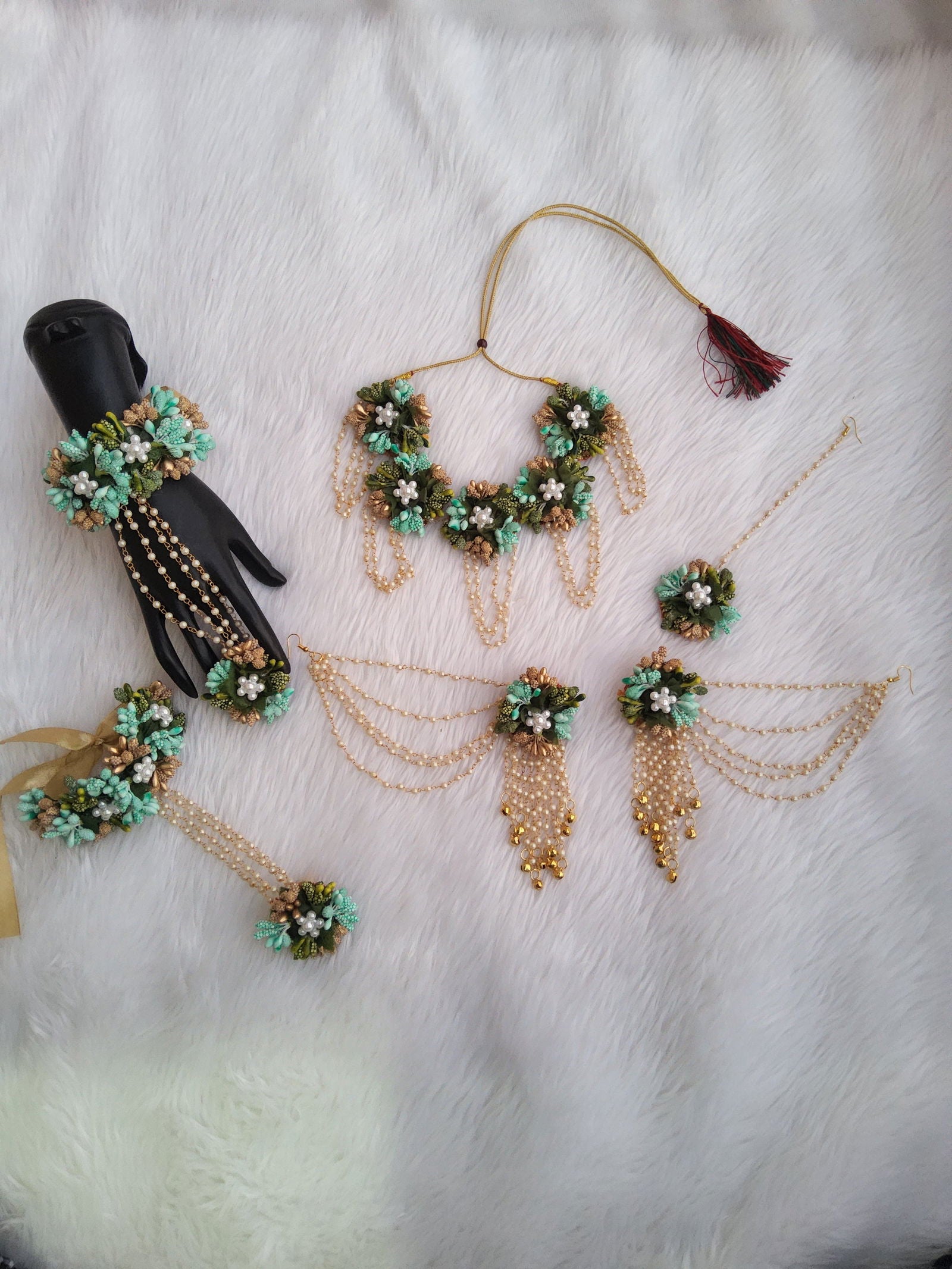 Green and Rama Green Color Flower Jewellery set for Haldi and Mehndi
