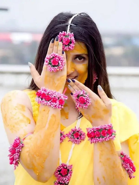 Pink Color Paper Flower Jewellery for Haldi - Saubhagyavati.in