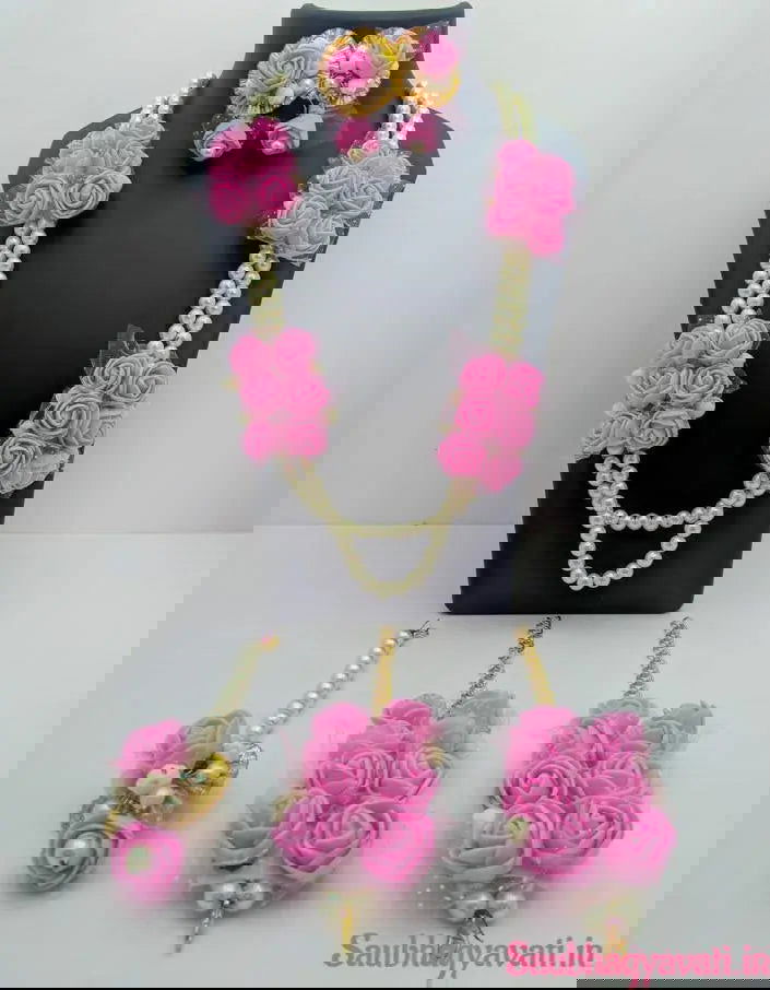 Pink Floral Jewellery Set with Pearl Beads - Saubhagyavati.in