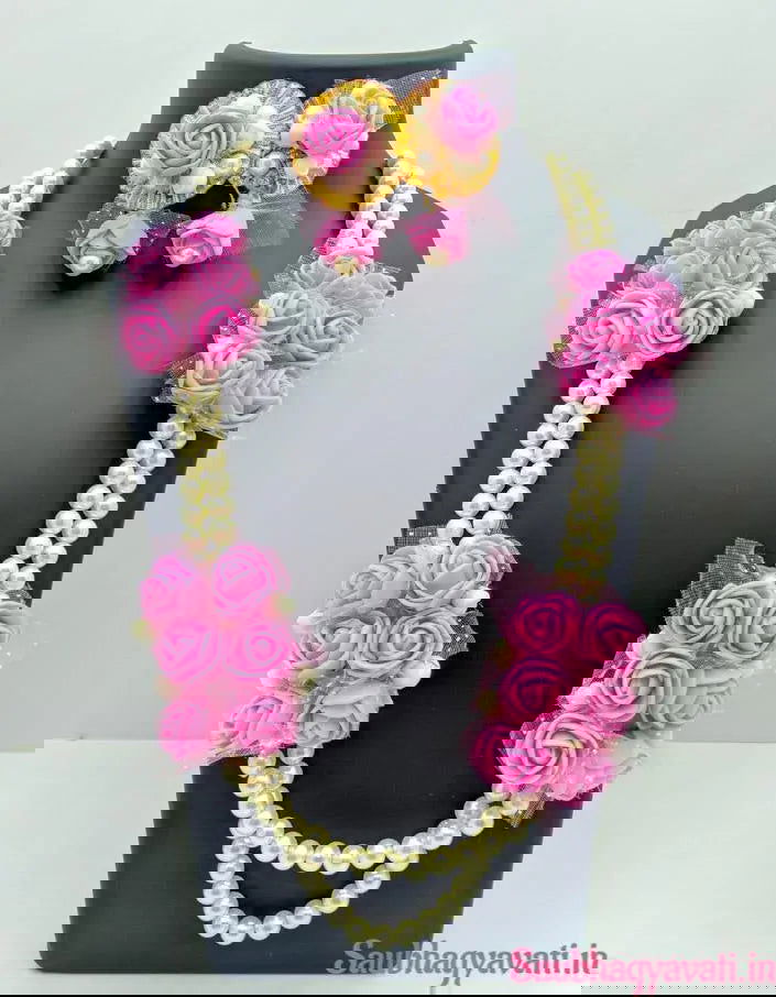 Pink Floral Jewellery Set with Pearl Beads - Saubhagyavati.in