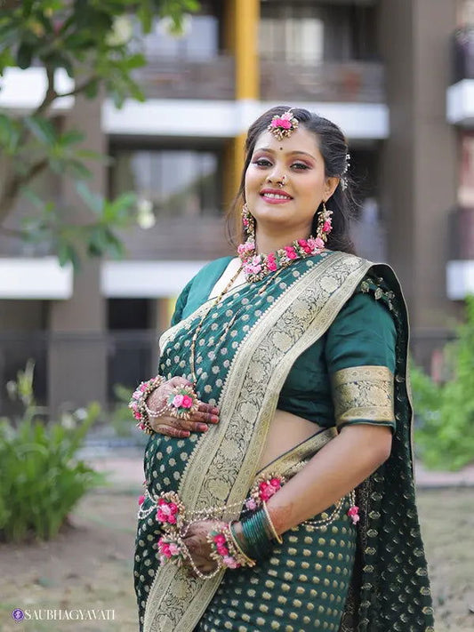 Pink Flower Jewellery for Baby Shower | Perfect for Green Saree - Saubhagyavati.in