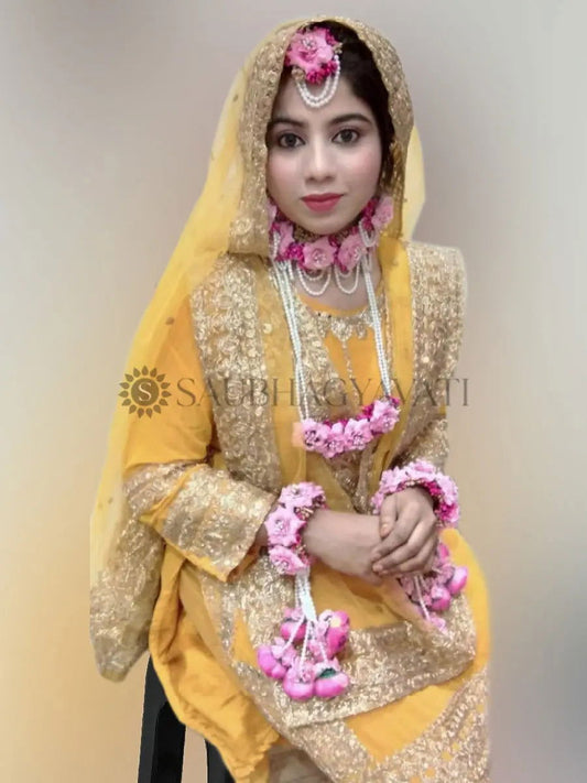 Pink Rose Flower Jewellery Set With Kaleera for Haldi and Wedding - Saubhagyavati.in
