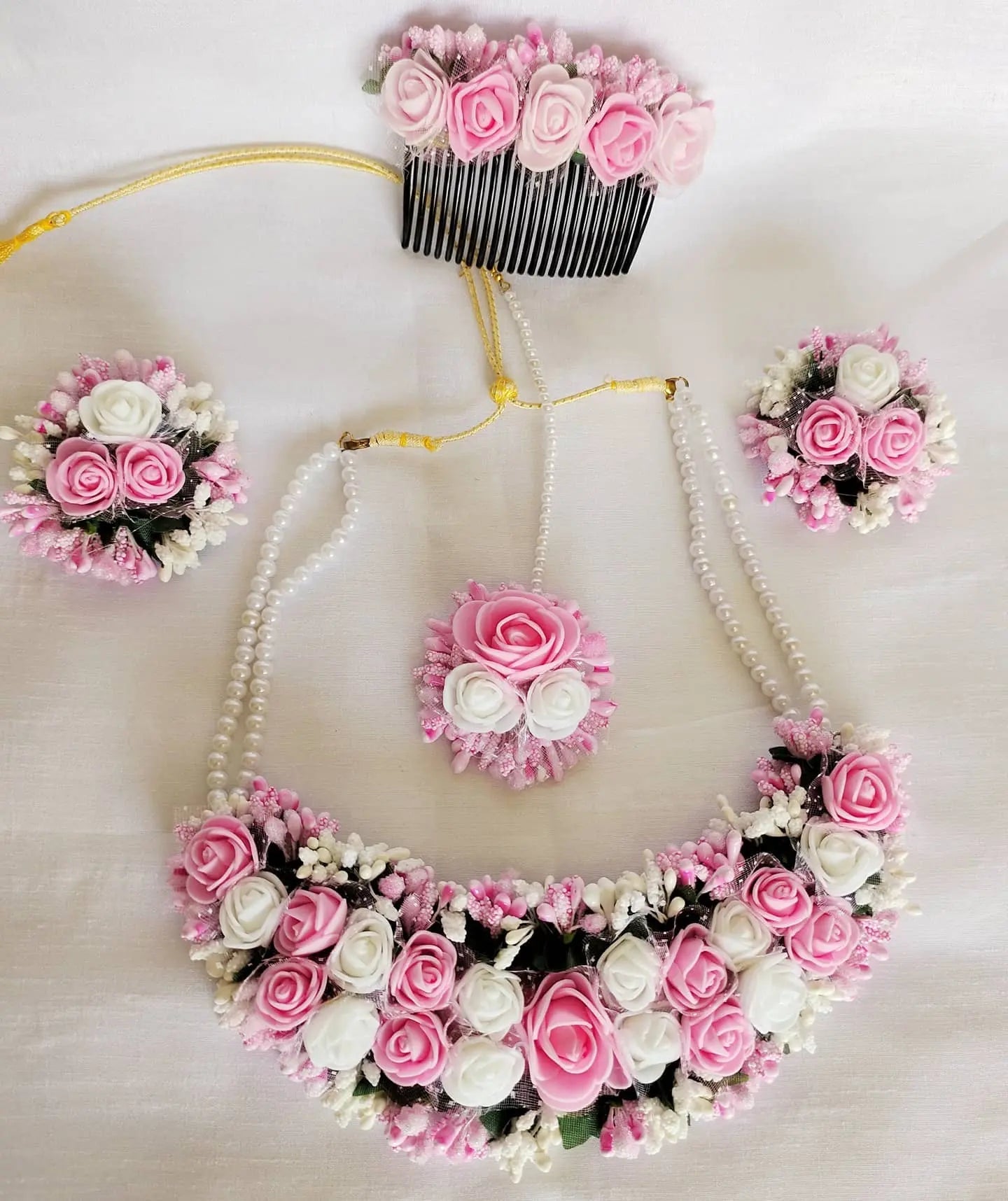 Pink White Foam Flower Jewellery Set - Saubhagyavati.in