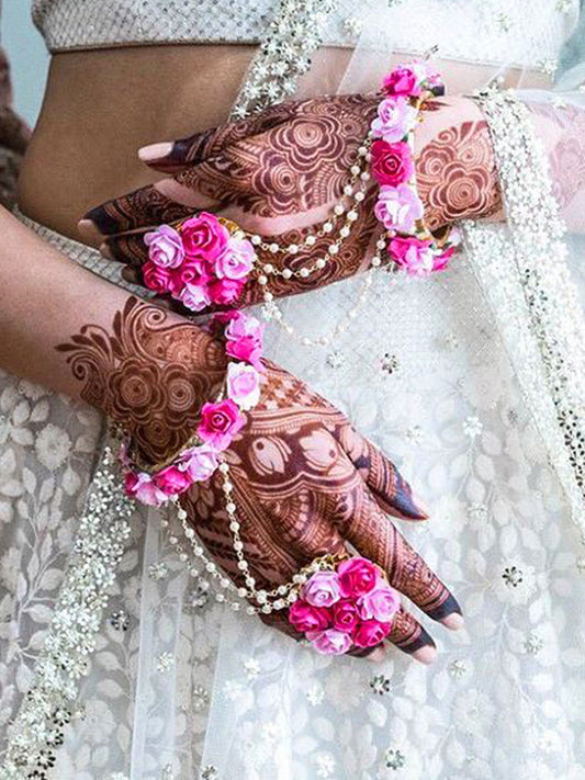 Pink flower HathPhool or Hand Bracelet flower jewellery - Saubhagyavati.in