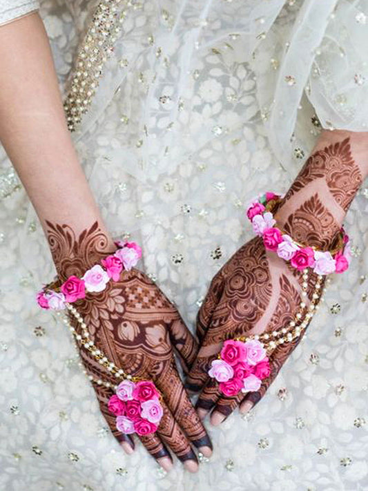 Pink flower HathPhool or Hand Bracelet flower jewellery - Saubhagyavati.in