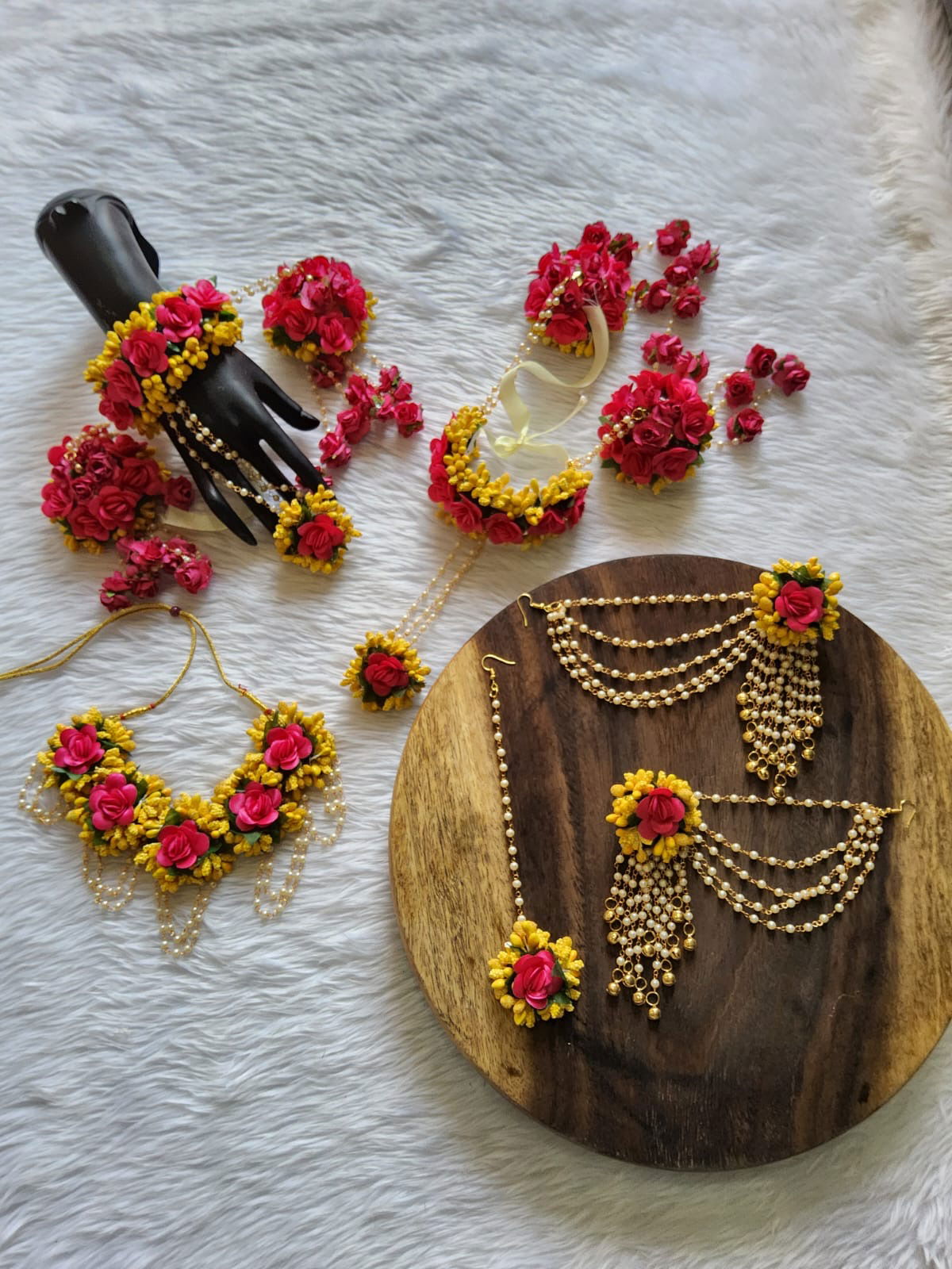 Raani pink with yellow beautiful jewellery set for haldi - Saubhagyavati.in