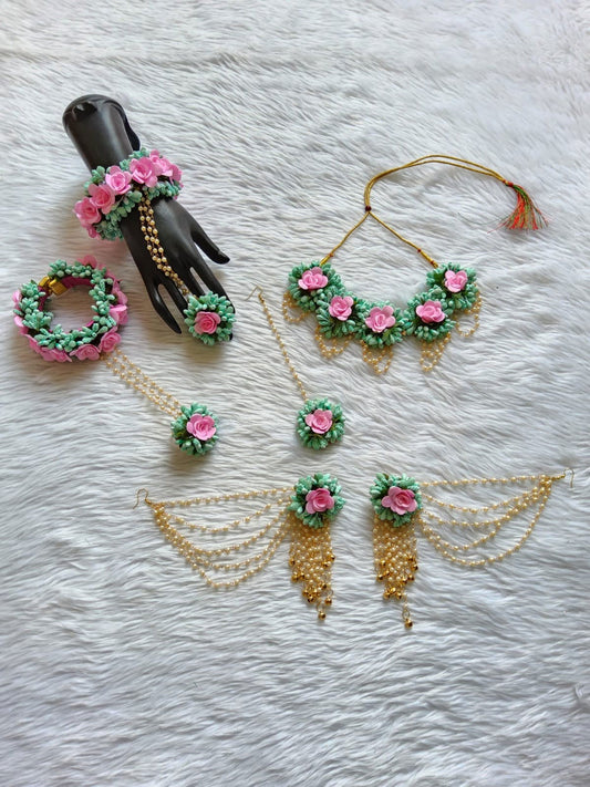 Rama green with pink stunning set for haldi or baby shower - Saubhagyavati.in