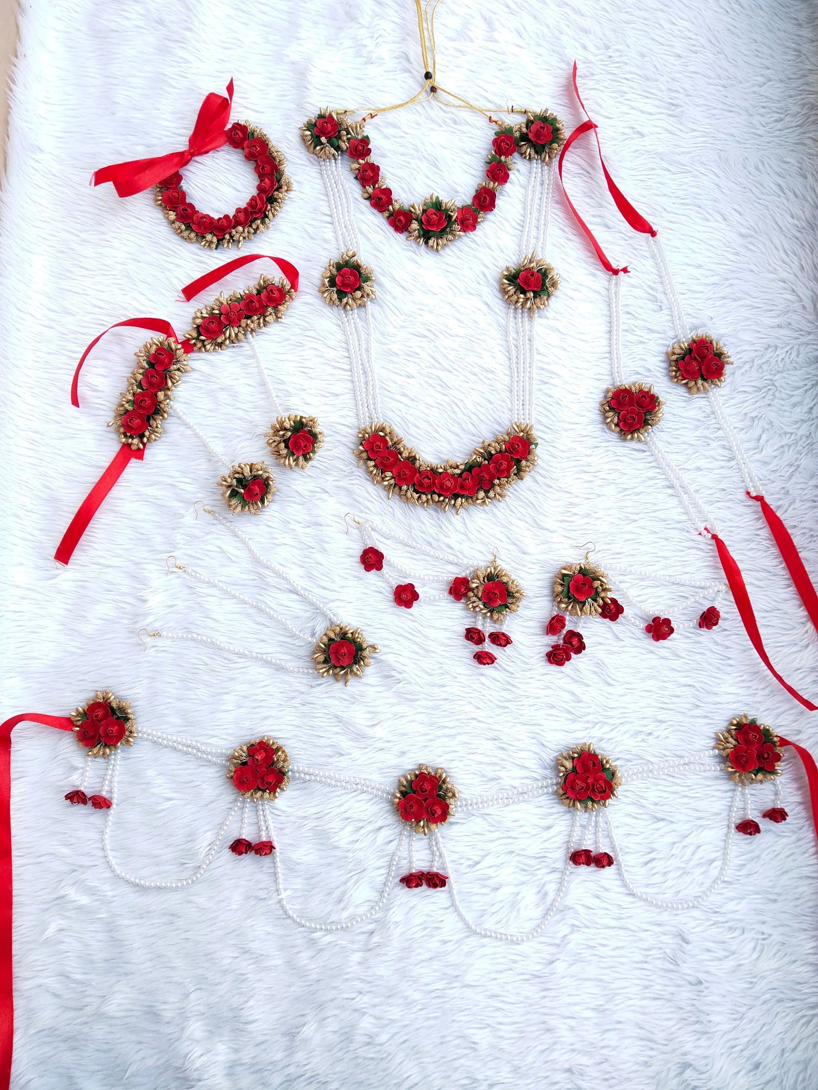 Red Flower Jewellery Set 🌸🌷 For Baby Shower and Dohale Jevan - Saubhagyavati.in