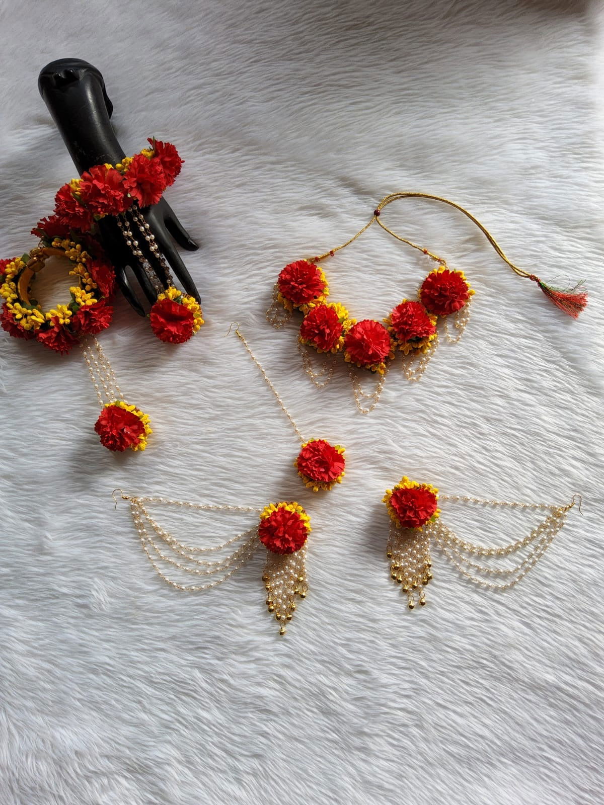 Red and yellow blossom haldi jewellery - Saubhagyavati.in